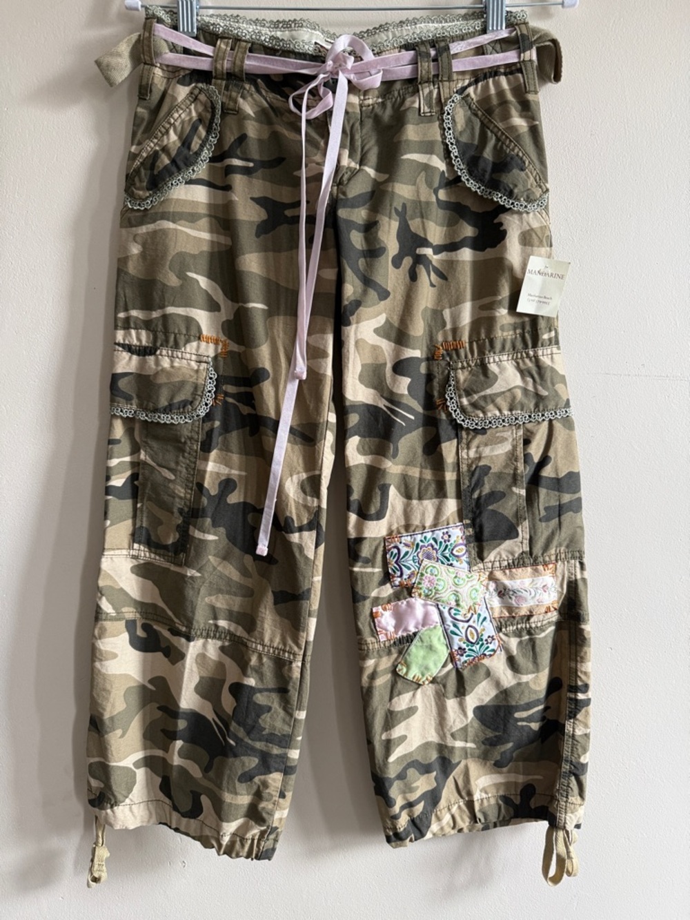 Miss Me Olive Green Camo Cargo Capris with Pastel Patchwork